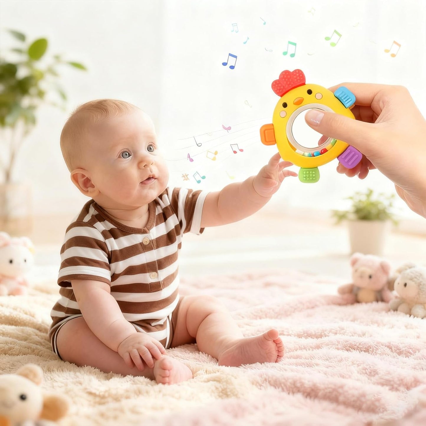 Baby Teether Rattle Toy, Textured Silicone Chew Toy for Gum Relief, Sensory Toy with Easy-Grip Ring for Infants 0-12 Months, Cute Chick Design