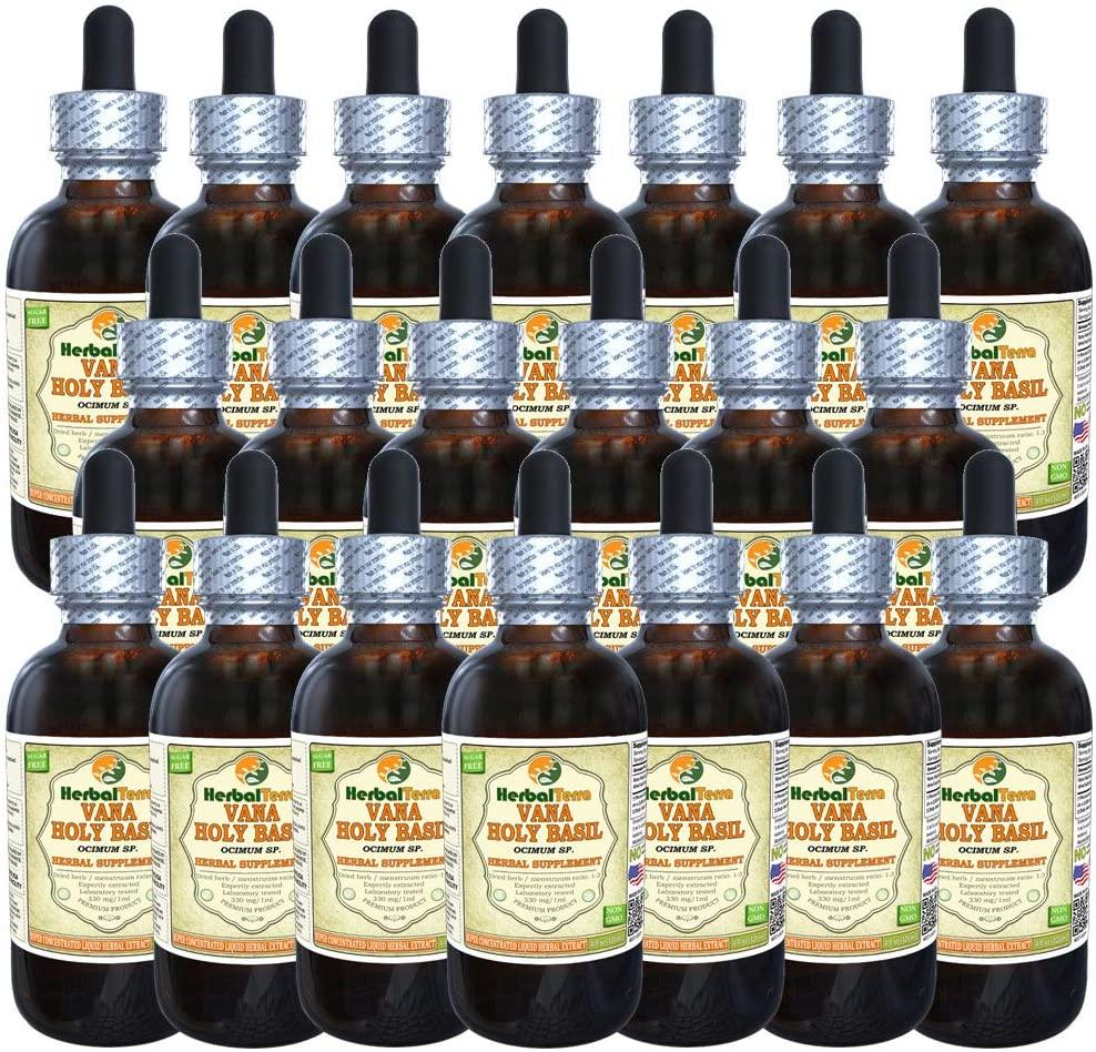 Vana Holy Basil (Ocimum sp.) Tincture, Organic Dried Leaves Liquid Extract (Brand Name: HerbalTerra, Proudly Made in USA) 20x4 fl.oz (20x120 ml)