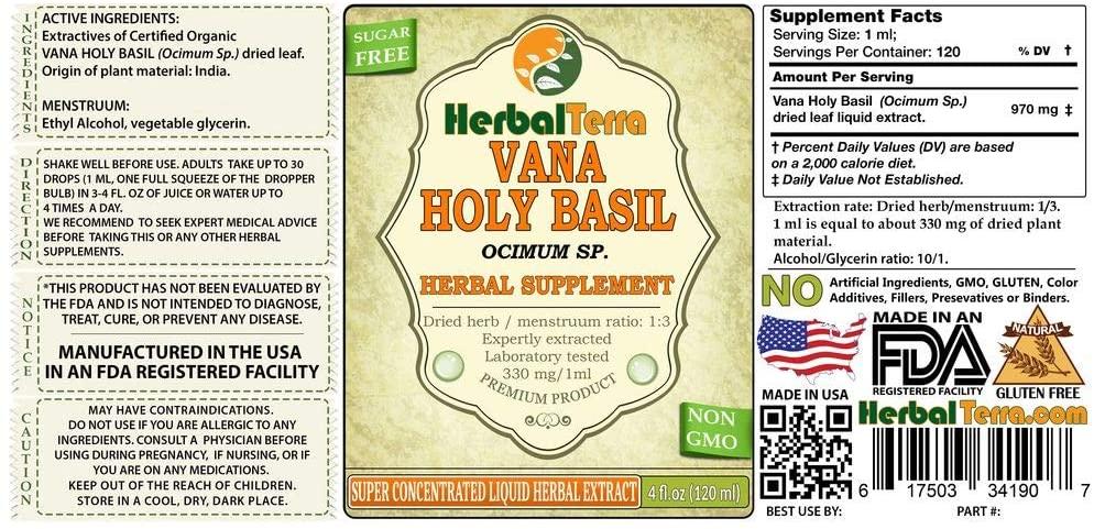Vana Holy Basil (Ocimum sp.) Tincture, Organic Dried Leaves Liquid Extract (Brand Name: HerbalTerra, Proudly Made in USA) 20x4 fl.oz (20x120 ml)
