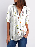 Fashion V-neck Long-sleeved Floral Printed Shirt