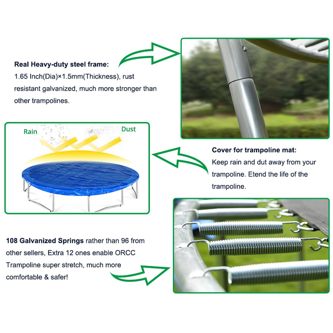 ORCC Upgrade 15 14 12 10 FT Trampoline with Safety Enclosure Net Wind Stakes Rain Cover Ladder,Outdoor Trampoline with TUV Certificated,Best Gift for Kids
