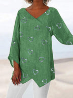 V-neck Love Print Loose Long-sleeved Fashion Blouse