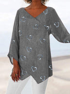 V-neck Love Print Loose Long-sleeved Fashion Blouse
