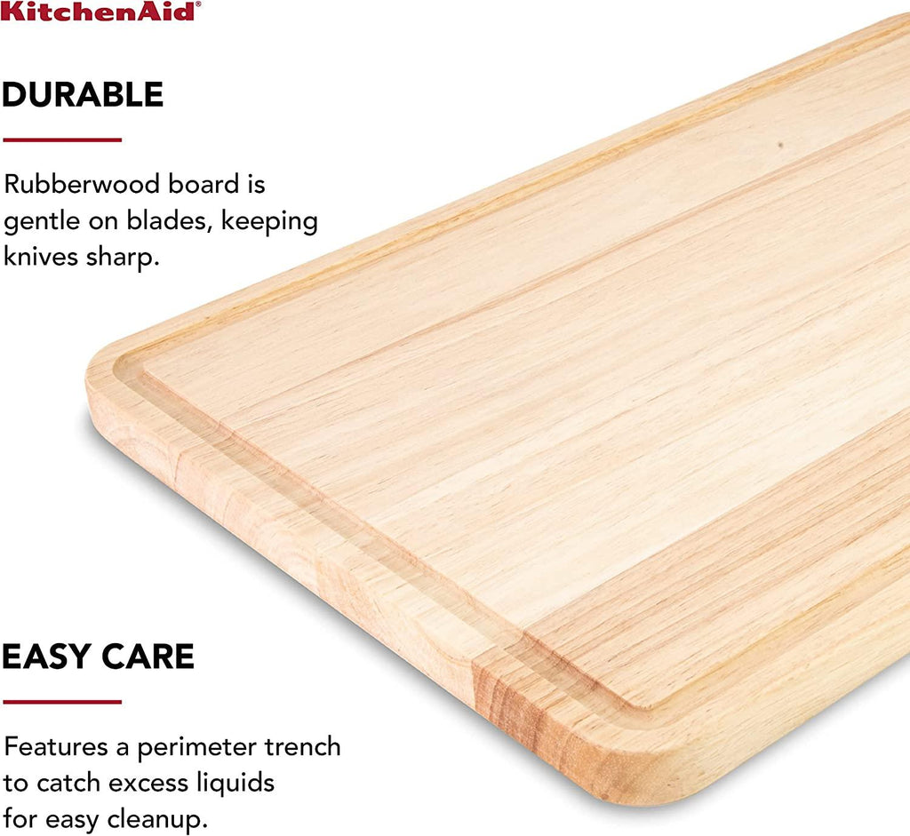 KitchenAid Classic Rubberwood Cutting Board with Perimeter Trench, Extra-Large Reversible Chopping Board, 12-inch x 18-inch, Natural