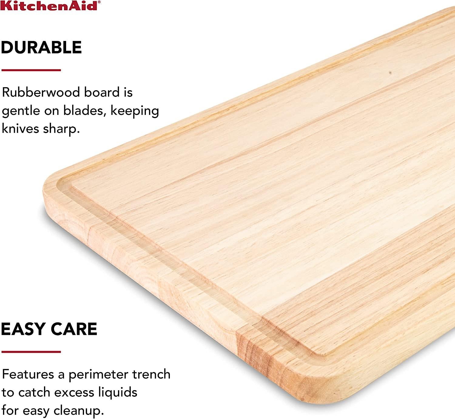 KitchenAid Classic Rubberwood Cutting Board with Perimeter Trench, Extra-Large Reversible Chopping Board, 12-inch x 18-inch, Natural