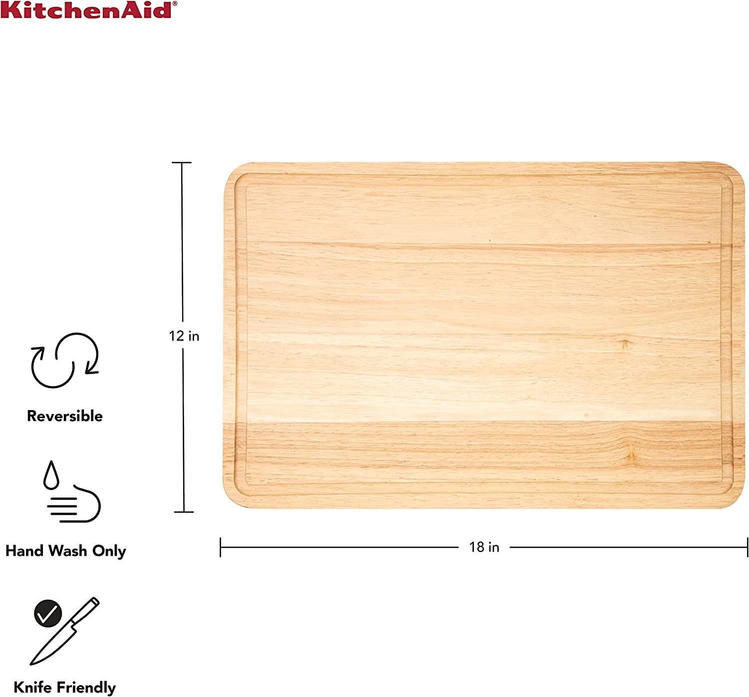 KitchenAid Classic Rubberwood Cutting Board with Perimeter Trench, Extra-Large Reversible Chopping Board, 12-inch x 18-inch, Natural