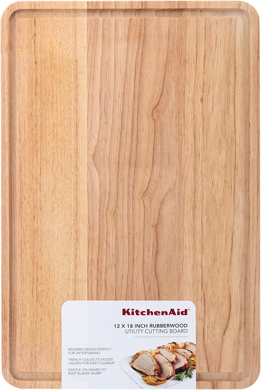 KitchenAid Classic Rubberwood Cutting Board with Perimeter Trench, Extra-Large Reversible Chopping Board, 12-inch x 18-inch, Natural