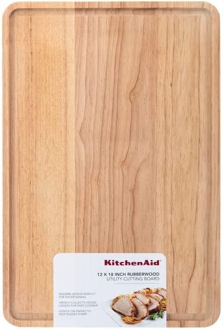 KitchenAid Classic Rubberwood Cutting Board with Perimeter Trench, Extra-Large Reversible Chopping Board, 12-inch x 18-inch, Natural