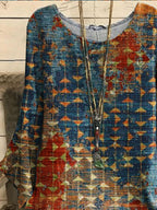 Round Neck Geometric Print Casual Loose Long Sleeve Blouse