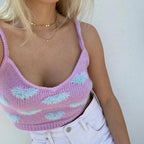 knitted contrast shagy heart puff sleeve sweater