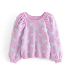 knitted contrast shagy heart puff sleeve sweater