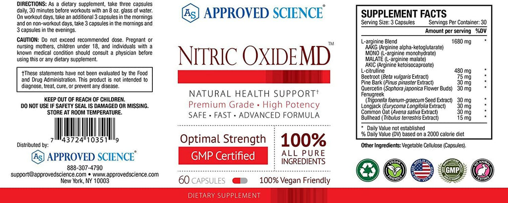 Nitric Oxide MD™ - Muscle Development, Lean Body Mass, Improve Oxygen Supply, Reduce Fatigue - 60 Vegan Friendly Capsules Per Bottle - 6 Bottles