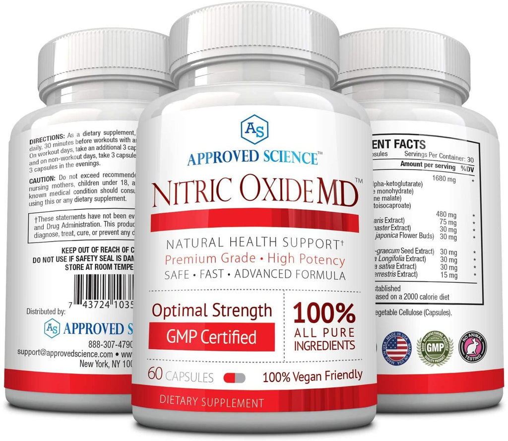 Nitric Oxide MD™ - Muscle Development, Lean Body Mass, Improve Oxygen Supply, Reduce Fatigue - 60 Vegan Friendly Capsules Per Bottle - 6 Bottles