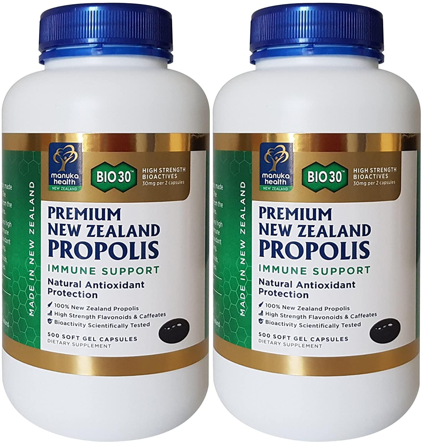 Manuka Health Bio30 Propolis 500mg 500 Capsules 100% Pure New Zealand Bee Propolis Immune System Support (Pack of 2)