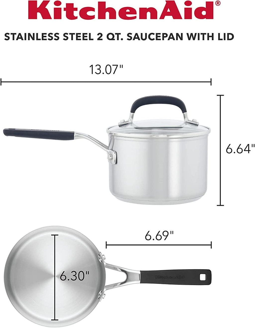KitchenAid Stainless Steel Saucepan with Measuring Marks and Lid, 2 Quart, Brushed Stainless Steel