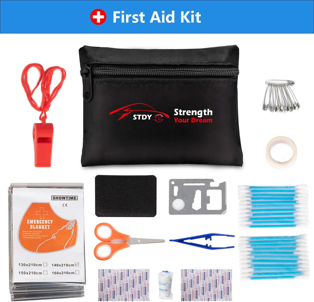 STDY Car Roadside Emergency Kit, Vehicle Truck Safety Road Side Assistance Kits Auto Accessory, with Jumper Cables, First Aid Kit, Tow Rope, Reflective Triangle, Tire Pressure Gauge, etc