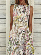 Ladies Cotton Casual Flower Print Maxi Dress
