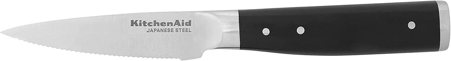 KitchenAid Gourmet Forged Triple Rivet Serrated Paring Knife with Custom-Fit Blade Cover, 3.5-inch, Sharp Kitchen Knife, High-Carbon Japanese Stainless Steel Blade, Black