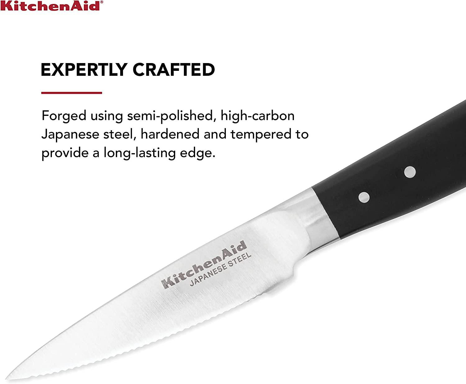 KitchenAid Gourmet Forged Triple Rivet Serrated Paring Knife with Custom-Fit Blade Cover, 3.5-inch, Sharp Kitchen Knife, High-Carbon Japanese Stainless Steel Blade, Black