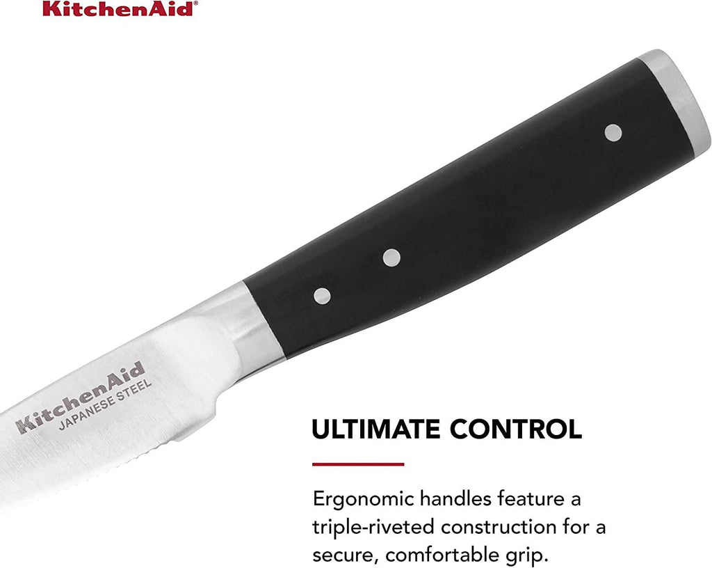KitchenAid Gourmet Forged Triple Rivet Serrated Paring Knife with Custom-Fit Blade Cover, 3.5-inch, Sharp Kitchen Knife, High-Carbon Japanese Stainless Steel Blade, Black