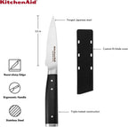 KitchenAid Gourmet Forged Triple Rivet Serrated Paring Knife with Custom-Fit Blade Cover, 3.5-inch, Sharp Kitchen Knife, High-Carbon Japanese Stainless Steel Blade, Black