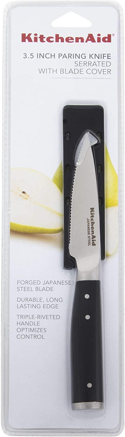 KitchenAid Gourmet Forged Triple Rivet Serrated Paring Knife with Custom-Fit Blade Cover, 3.5-inch, Sharp Kitchen Knife, High-Carbon Japanese Stainless Steel Blade, Black