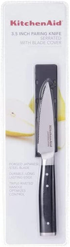 KitchenAid Gourmet Forged Triple Rivet Serrated Paring Knife with Custom-Fit Blade Cover, 3.5-inch, Sharp Kitchen Knife, High-Carbon Japanese Stainless Steel Blade, Black
