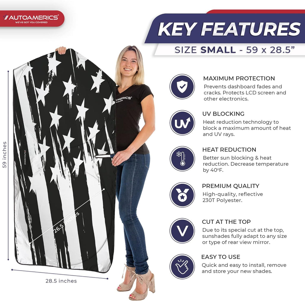 Autoamerics 1-Piece Windshield Sun Shade B&amp;W Art American Flag USA  - Foldable Car Front Window Sunshade for Most Sedans SUV Truck - Blocks Max UV Rays and Keeps Your Vehicle Cool - Small