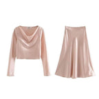 satin texture top + high waist skirt two-piece suit
