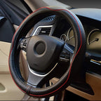 Valleycomfy Steering Wheel Covers Universal 15.75 inch - Genuine Leather, Breathable, Anti Slip &amp; Odor (Black with Red Lines, L(15" 1/2-16"))