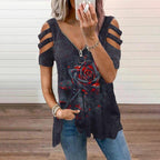 Casual rose print stitching design top