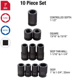 Sunex 5690A, 1 Inch Drive Heavy Duty Wheel Impact Socket Set, 10-Piece, SAE/Metric, Deep/Deep Thin Wall/Square/Controlled Depth, Cr-Mo Steel, Heavy Duty StoraCase