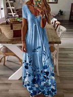Womens Flower Print V-neck Fashion Casual Maxi Dress