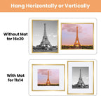upsimples 16x20 Picture Frame Set of 5, Display Pictures 11x14 with Mat or 16x20 Without Mat, Wall Gallery Poster Frames, Gold