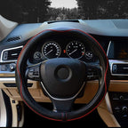 Valleycomfy Steering Wheel Covers Universal 15 inch - Genuine Leather, Breathable, Anti Slip &amp; Odor (Black with Red Lines, M(14" 1/2-15" 1/4))