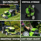 Greenworks 40V 21" Brushless (Smart Pace) Self-Propelled Lawn Mower, 2 x 4Ah USB (Power Bank) Batteries and Charger Included MO40L4413
