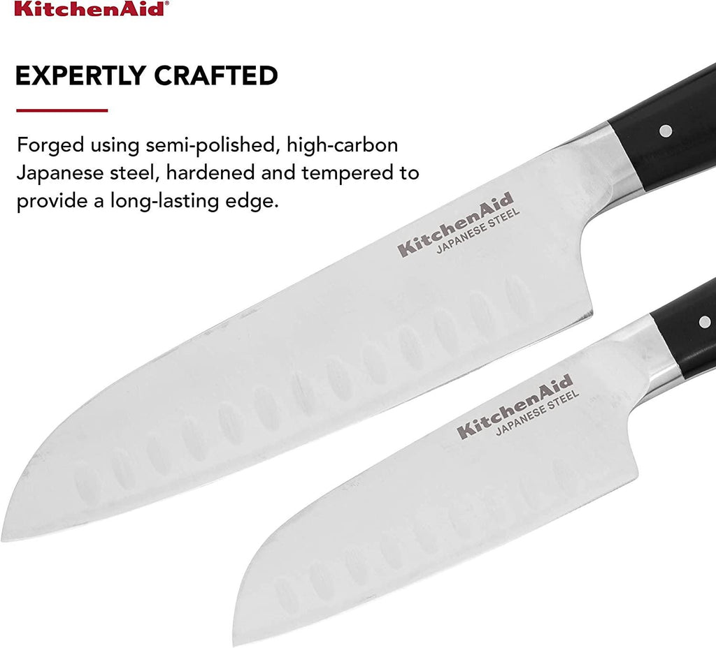 KitchenAid Gourmet Forged Triple Rivet Santoku Knife Set with Custom-Fit Blade Covers, 7-inch Santoku Knife, 5-inch Santoku Knife, 2-Piece Set, High-Carbon Japanese Stainless Steel Blades, Black