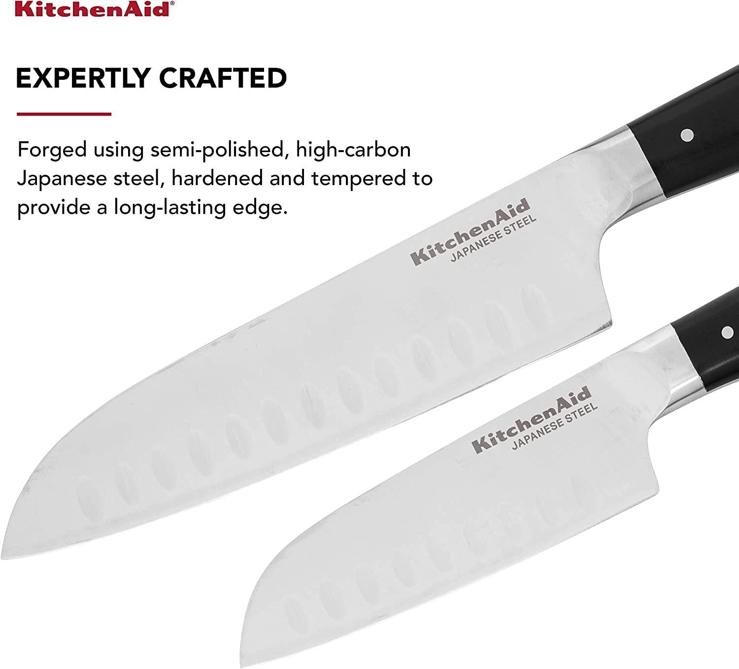KitchenAid Gourmet Forged Triple Rivet Santoku Knife Set with Custom-Fit Blade Covers, 7-inch Santoku Knife, 5-inch Santoku Knife, 2-Piece Set, High-Carbon Japanese Stainless Steel Blades, Black