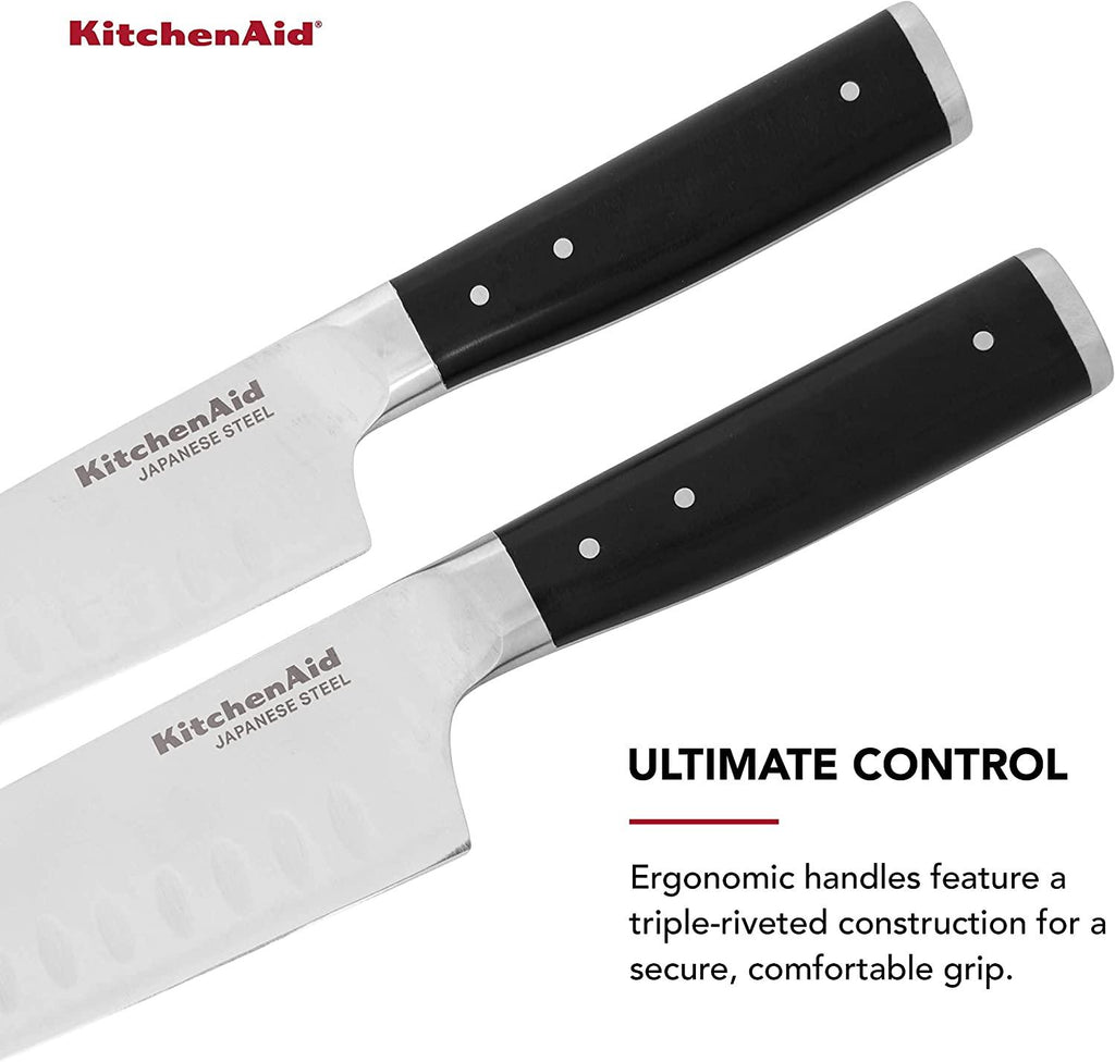 KitchenAid Gourmet Forged Triple Rivet Santoku Knife Set with Custom-Fit Blade Covers, 7-inch Santoku Knife, 5-inch Santoku Knife, 2-Piece Set, High-Carbon Japanese Stainless Steel Blades, Black