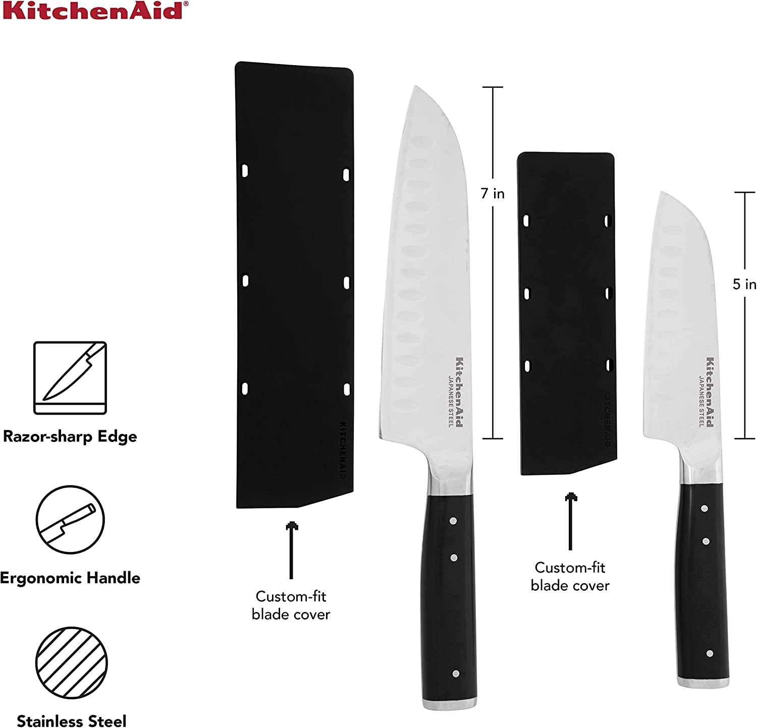 KitchenAid Gourmet Forged Triple Rivet Santoku Knife Set with Custom-Fit Blade Covers, 7-inch Santoku Knife, 5-inch Santoku Knife, 2-Piece Set, High-Carbon Japanese Stainless Steel Blades, Black