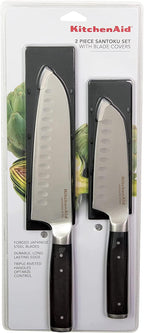 KitchenAid Gourmet Forged Triple Rivet Santoku Knife Set with Custom-Fit Blade Covers, 7-inch Santoku Knife, 5-inch Santoku Knife, 2-Piece Set, High-Carbon Japanese Stainless Steel Blades, Black