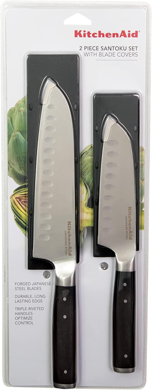 KitchenAid Gourmet Forged Triple Rivet Santoku Knife Set with Custom-Fit Blade Covers, 7-inch Santoku Knife, 5-inch Santoku Knife, 2-Piece Set, High-Carbon Japanese Stainless Steel Blades, Black