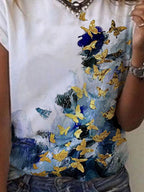 Round Neck Butterfly Print Short-Sleeved Casual Lady T-Shirt