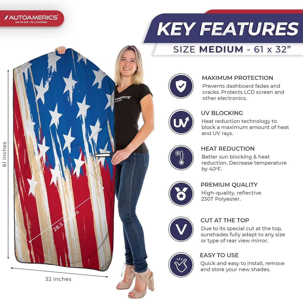 Autoamerics 1-Piece Windshield Sun Shade USA Art Flag - 1 American  - Foldable Car Front Window Sunshade for Most Sedans SUV Truck - Blocks Max UV Rays and Keeps Your Vehicle Cool - Medium