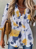 V-neck Floral Print Loose Long-sleeved Blouse