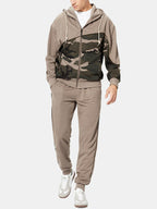 mens camo print patchwork zipper design drawstring hooded two pieces outfits