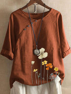 Floral Print Short Sleeve Cotton And Linen Blouse