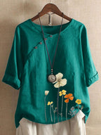 Floral Print Short Sleeve Cotton And Linen Blouse