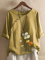 Floral Print Short Sleeve Cotton And Linen Blouse