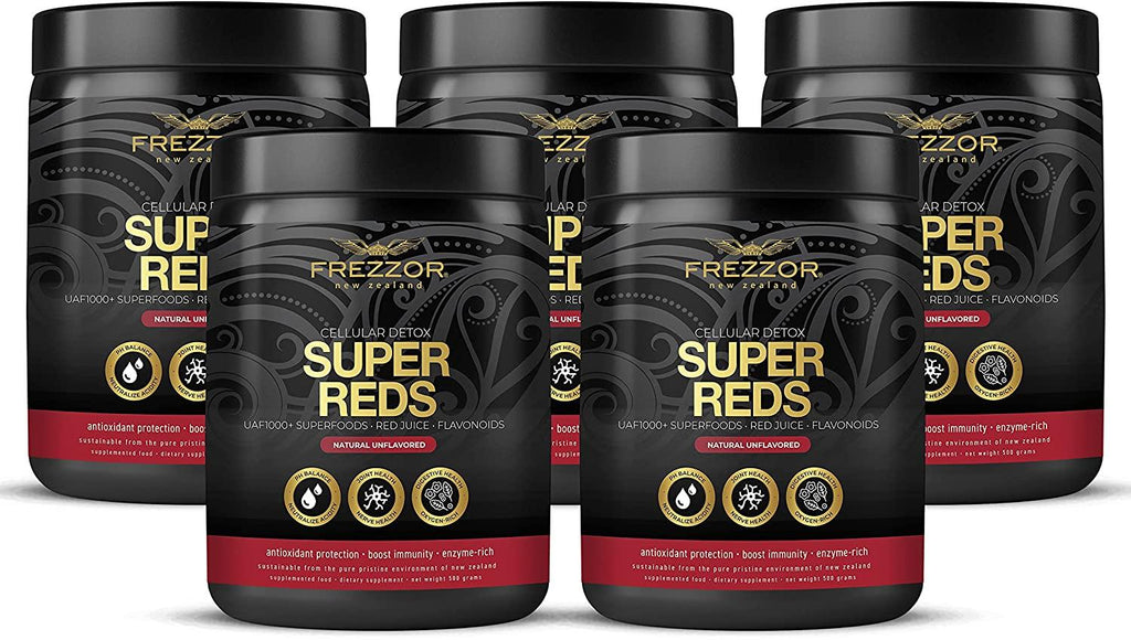 FREZZOR Super Reds Powder with UAF1000+, All-Natural New Zealand Red Superfood with Essential Red Fruits, Veggies Berries & Beets, Antioxidants, Enzymes, Energy Drink, 1500 Grams, 150 Serves, 5 Jars